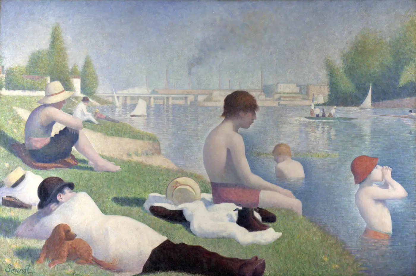 Seurat’s Bathers at Asnières: young men resting on a sunny riverbank, factory chimneys smoking on the horizon