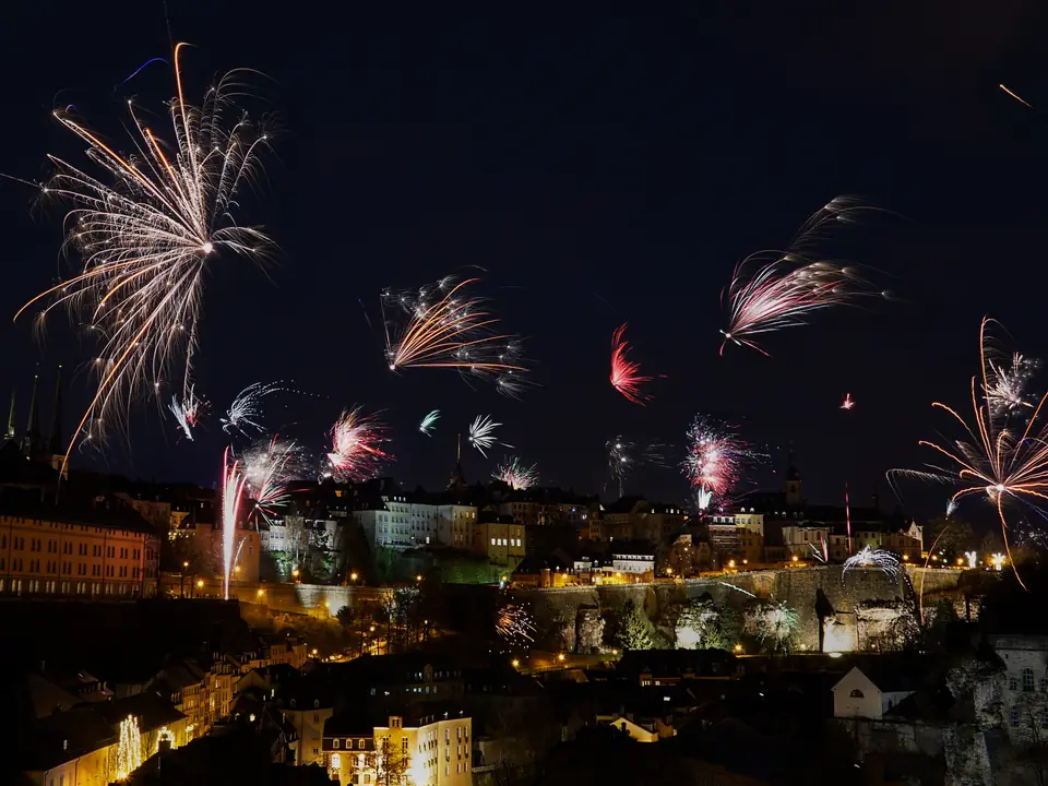 Fireworks at night above the old town of Luxembourg