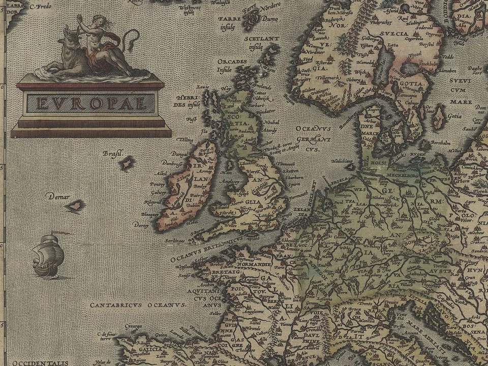 Detail of Abraham Ortelius' hand-coloured map of Europe, 1570